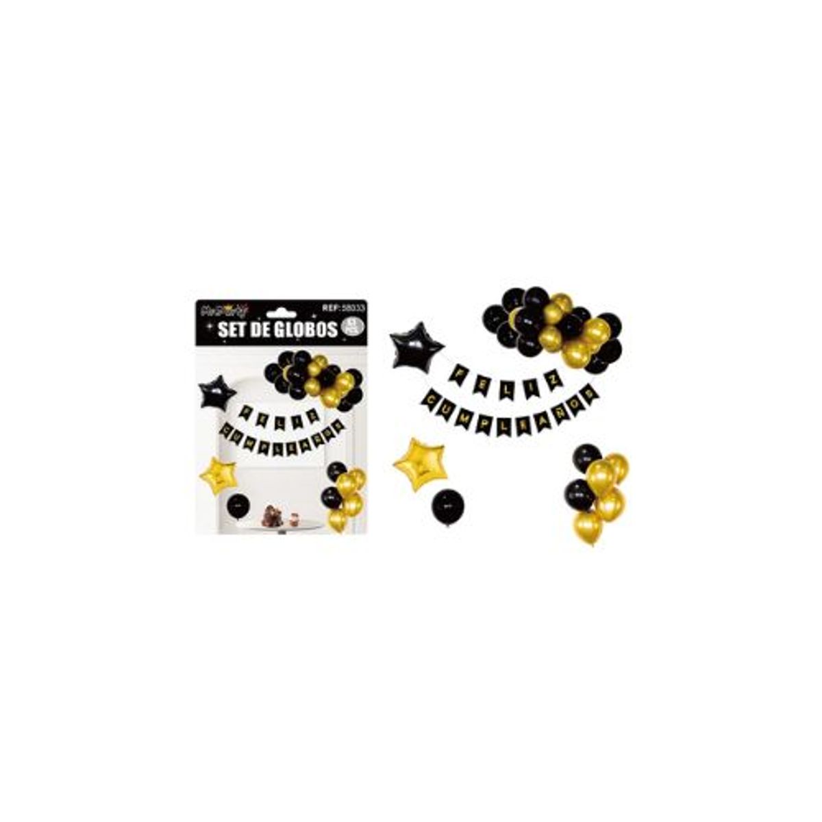 GENERICO - Set de globos cumpleaños y guirnalda negro y dorado 42pcs