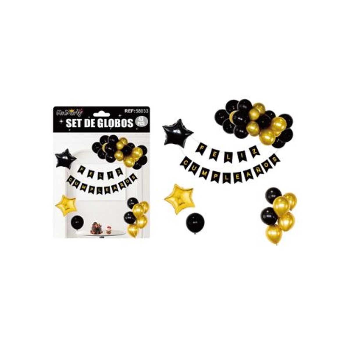 GENERICO - Set de globos cumpleaños y guirnalda negro y dorado 42pcs