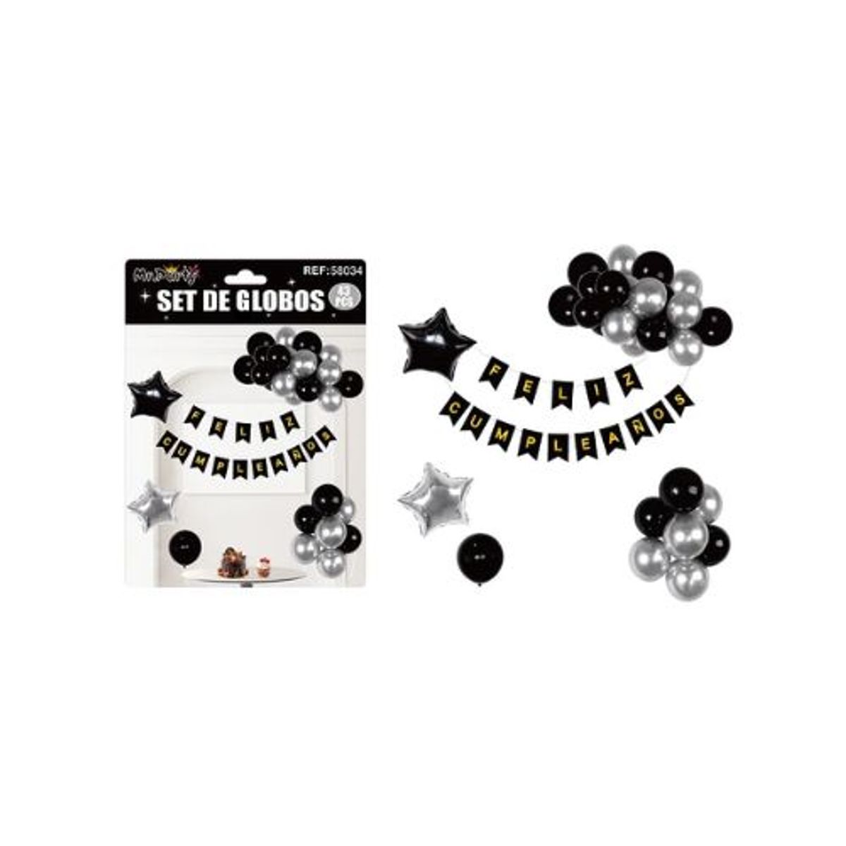 GENERICO - Set de globos cumpleaños y guirnalda negro y plateado 42pcs