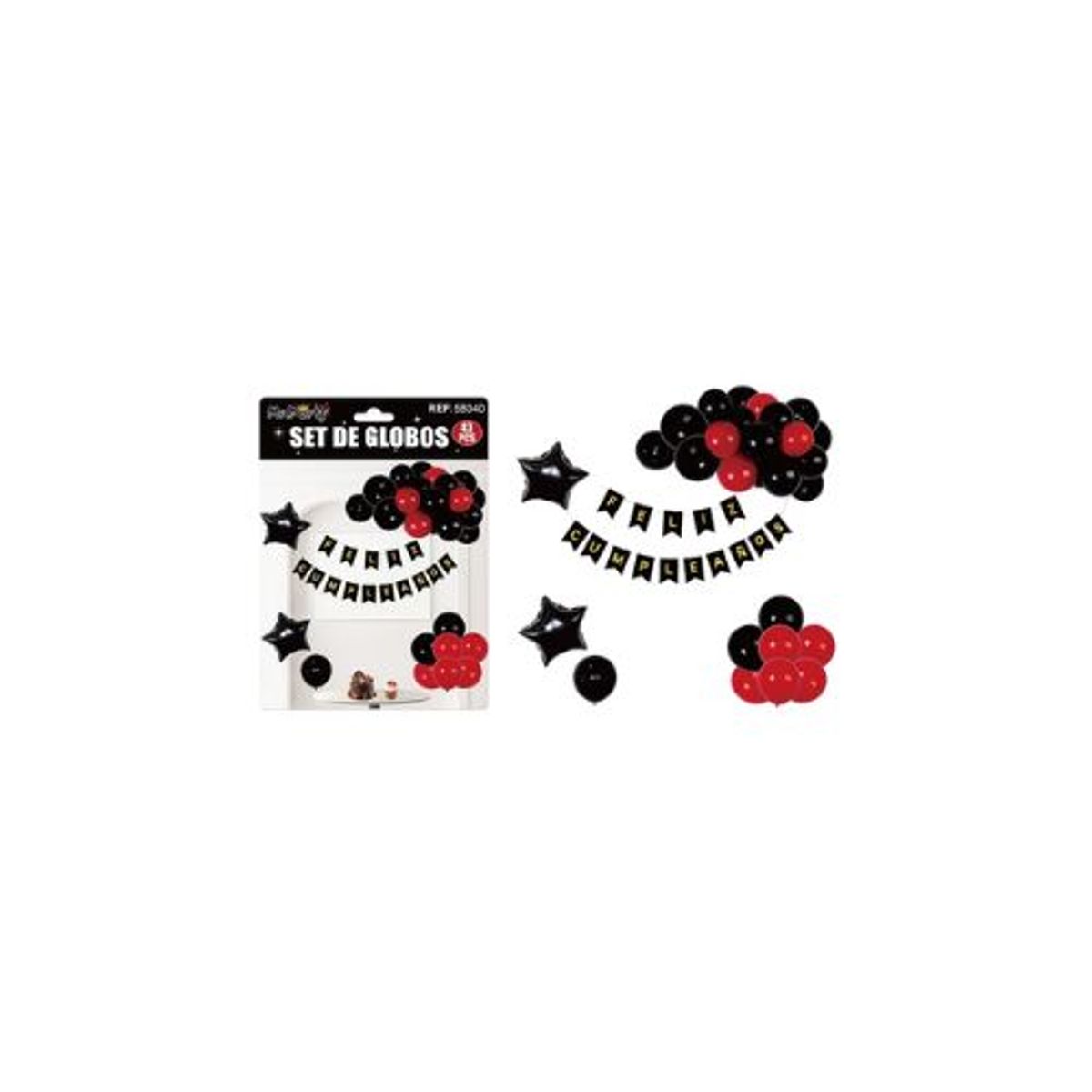 GENERICO - Set de globos cumpleaños y guirnalda negro y rojo 42pcs
