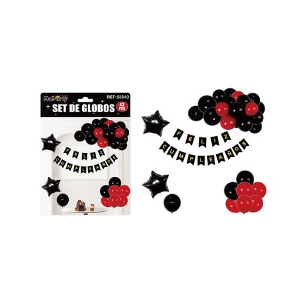 GENERICO - Set de globos cumpleaños y guirnalda negro y rojo 42pcs