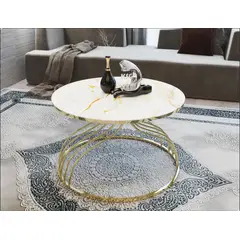 GENERICO - Mesa Centro Vidrio Templado Kugu Gold Metal Marmol Amarillo