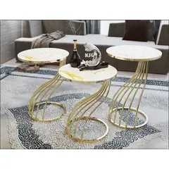 GENERICO - Mesas Laterales Vidrio Templado Kugu Dorado Metal Marmol Amarillo