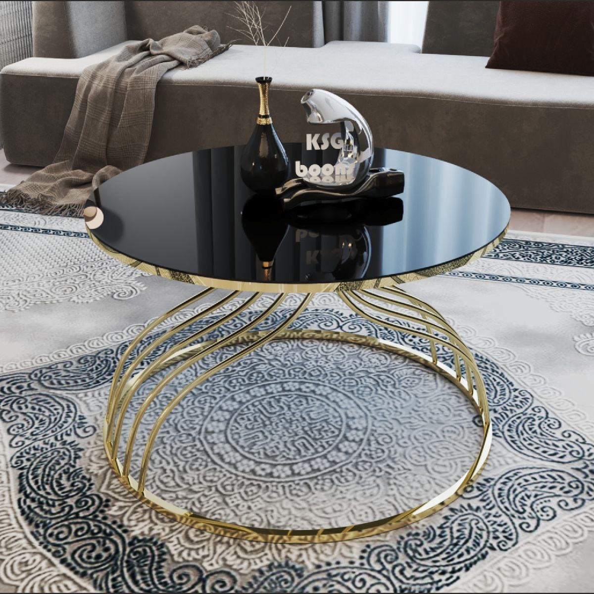 GENERICO - Mesa Centro Vidrio Templado Kugu Gold Metal Negro