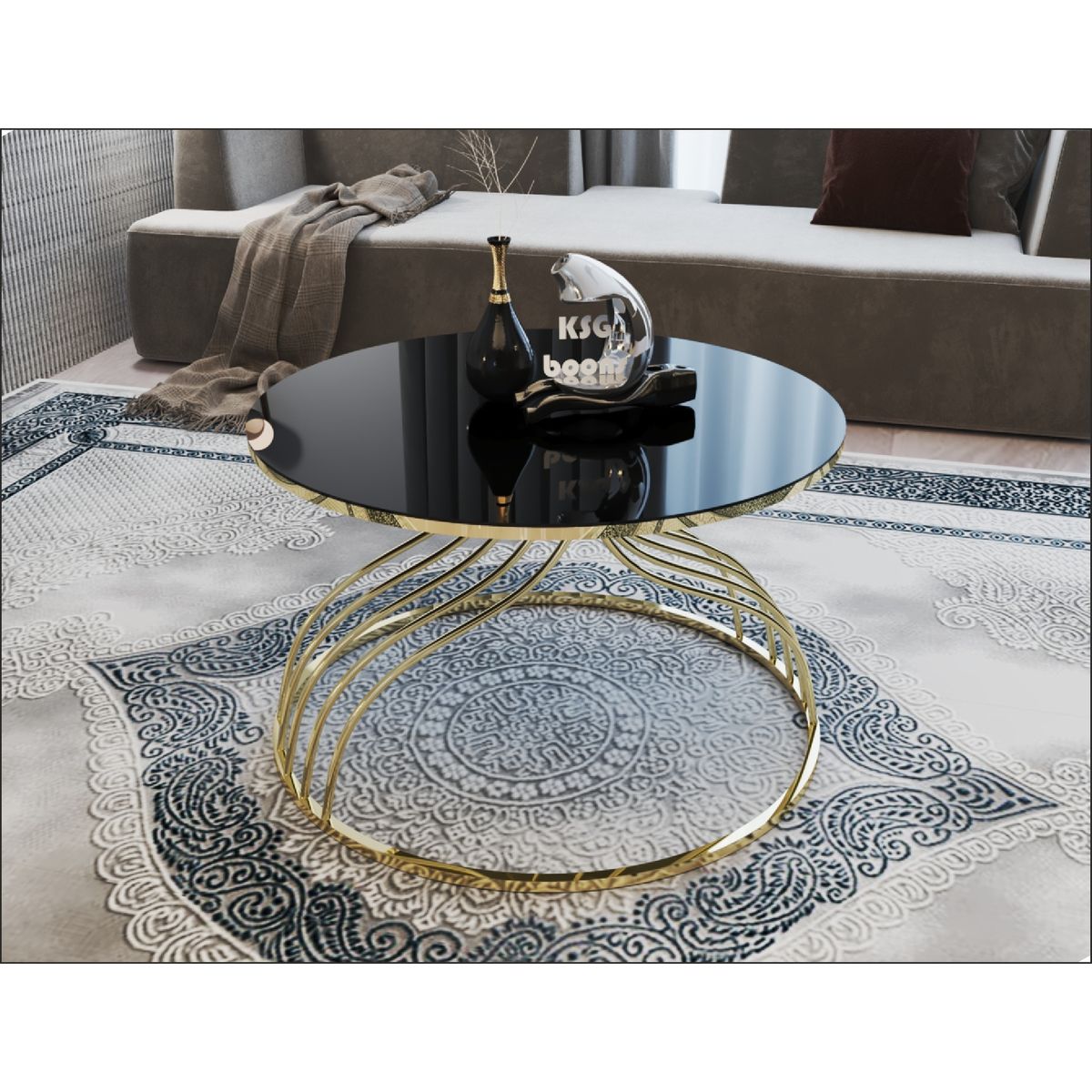 GENERICO - Mesa Centro Vidrio Templado Kugu Gold Metal Negro