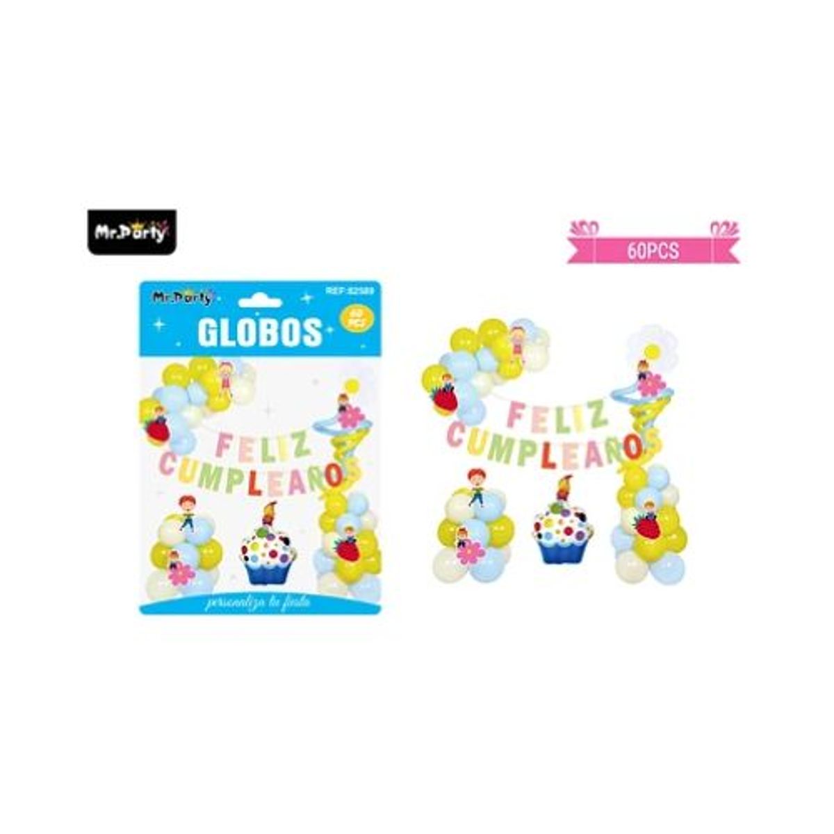GENERICO - Set de globos látex y guirnalda con torta 60pcs