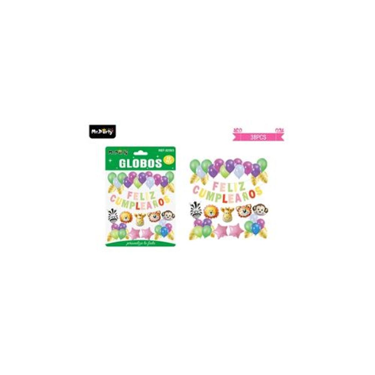 GENERICO - Set de globos látex y guirnalda con animal 38pcs