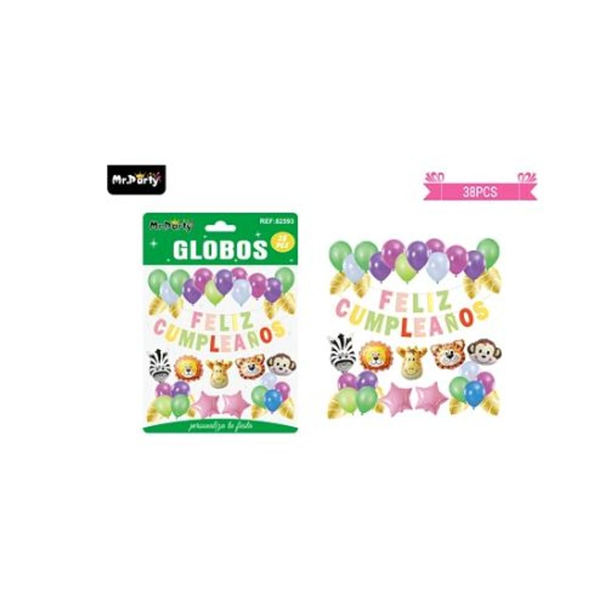 GENERICO - Set de globos látex y guirnalda con animal 38pcs