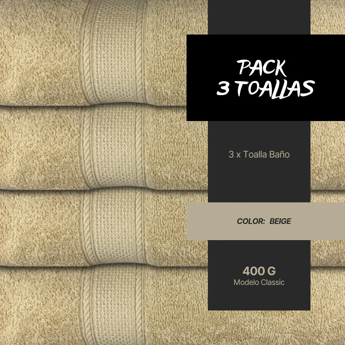 CHITECO - Pack 3 Toallas De Baño Algodón 135x70 Chiteco Classic Suave Color Beige