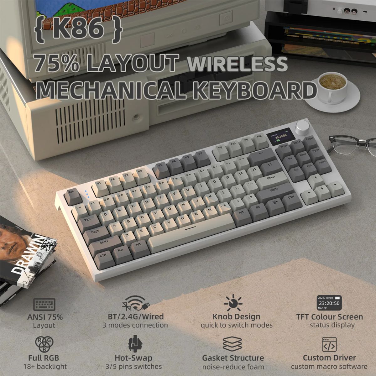 ATTACK SHARK - Teclado Mecánico Attack Shark K86 Inalambrico 75% Pantalla Gris Inglés Us