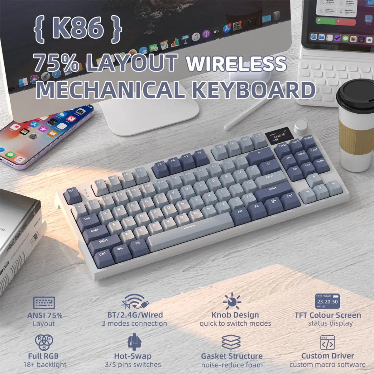 ATTACK SHARK - Teclado Mecánico Attack Shark K86 Inalambrico 75% Pantalla Lavanda Inglés Us