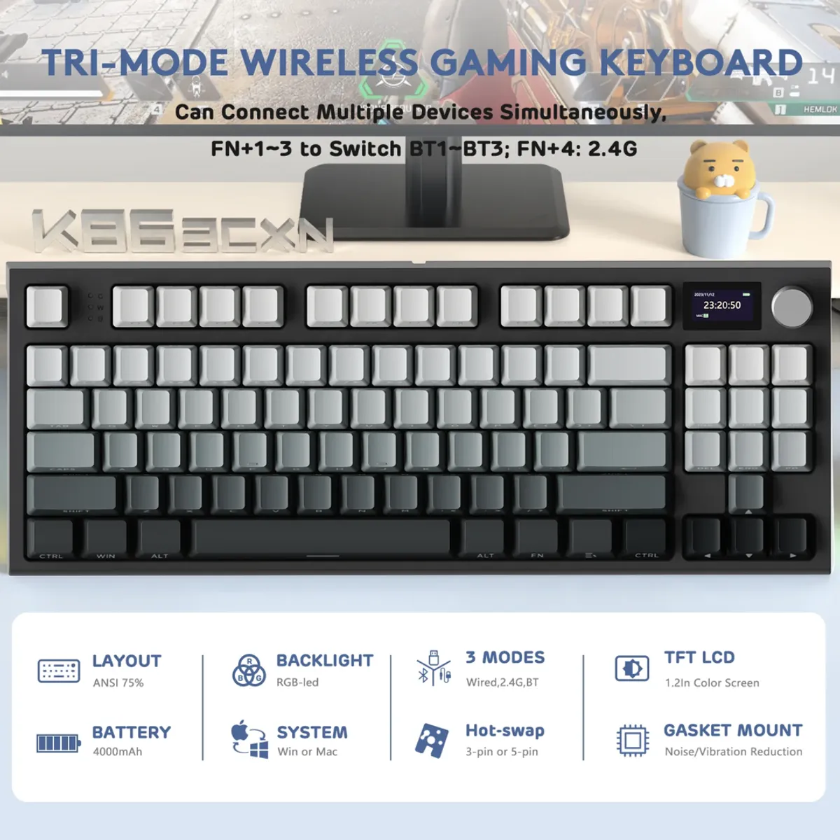 ATTACK SHARK - Teclado Mecánico Attack Shark K86 Inalambrico 75% Pantalla Moonlight Inglés Us