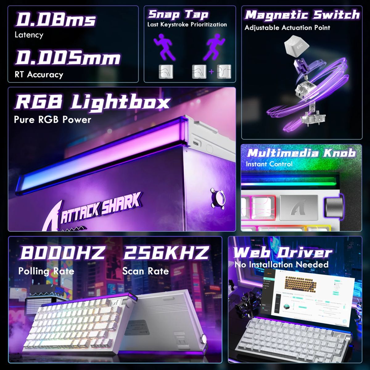 ATTACK SHARK - Teclado Attack Shark R85 He Gaming Neon Rgb 8 Khz 75% Magnet Blanco Inglés Internacional