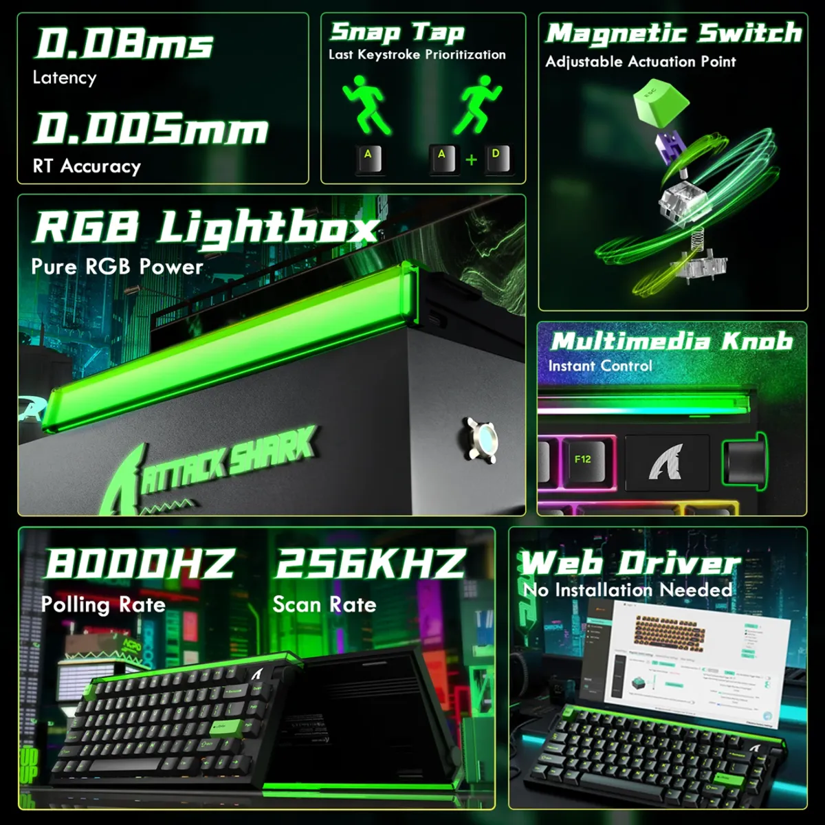 ATTACK SHARK - Teclado Attack Shark R85 He Gaming Neon Rgb 8 Khz 75% Magnet Black Green Inglés Internacional