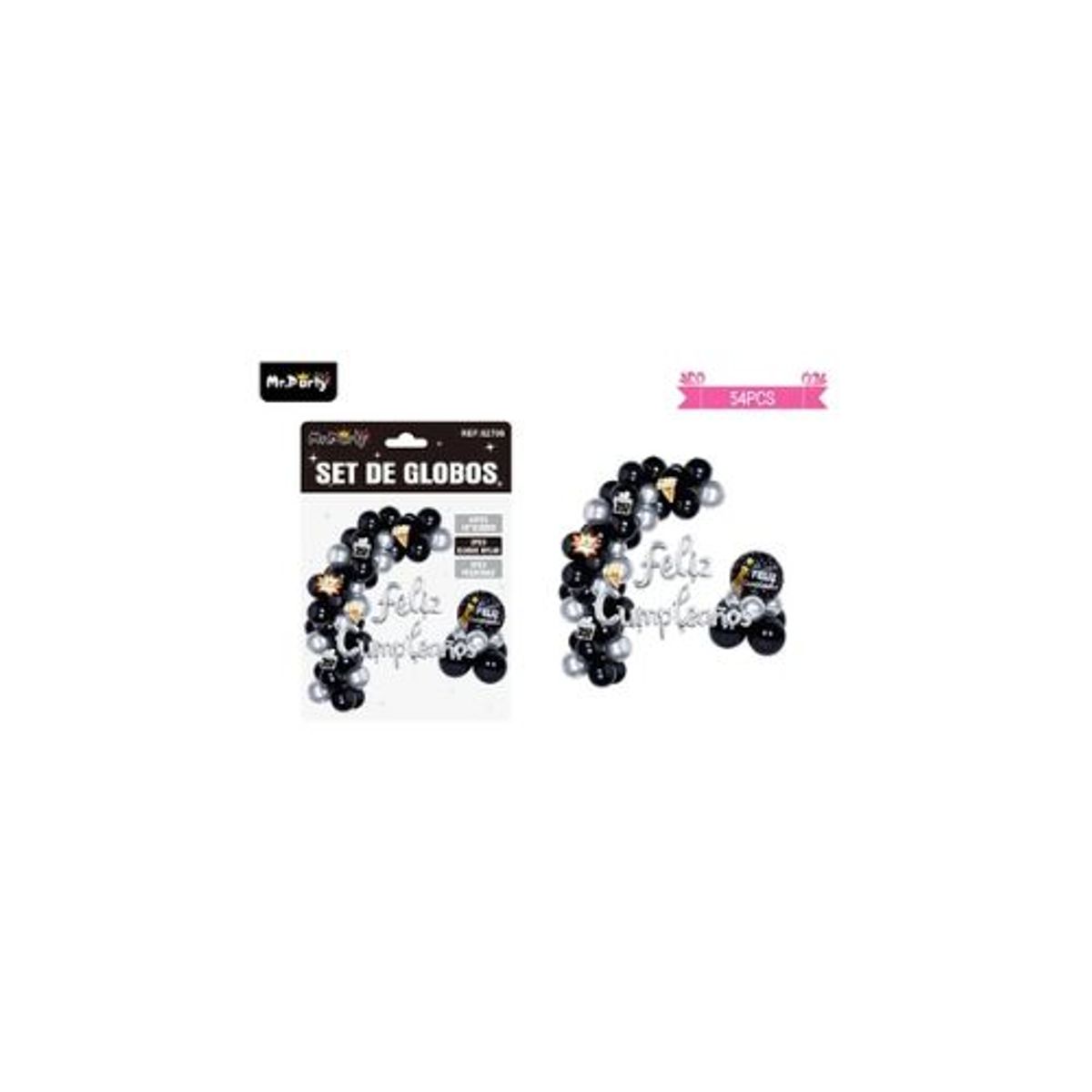 GENERICO - Arco de globos látex feliz cumpleaños negro y plateado 54pcs