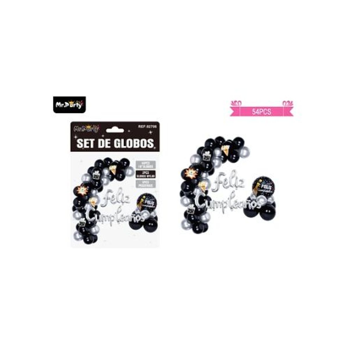 GENERICO - Arco de globos látex feliz cumpleaños negro y plateado 54pcs
