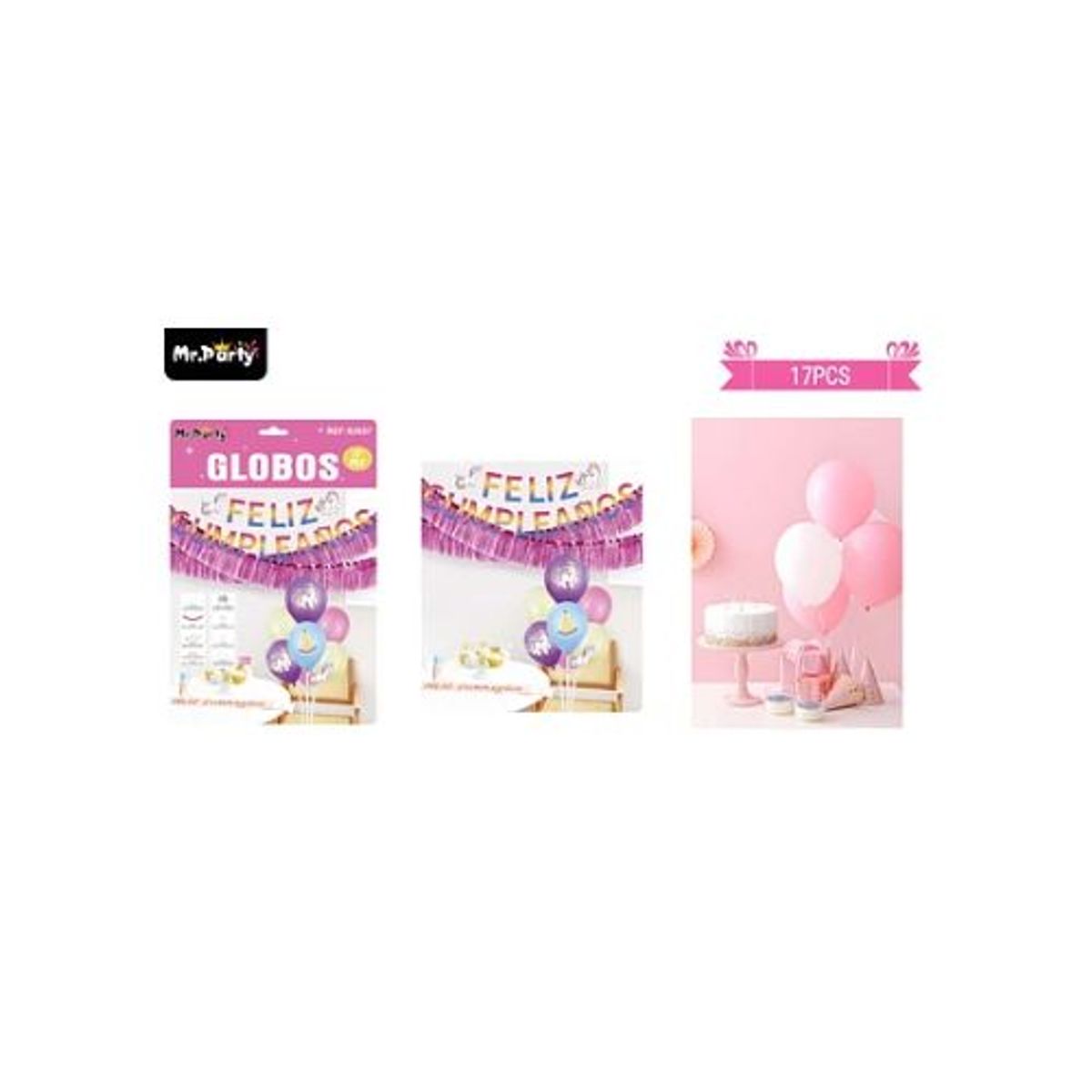 GENERICO - Set de globos con base y guirnalda unicornio 17pcs