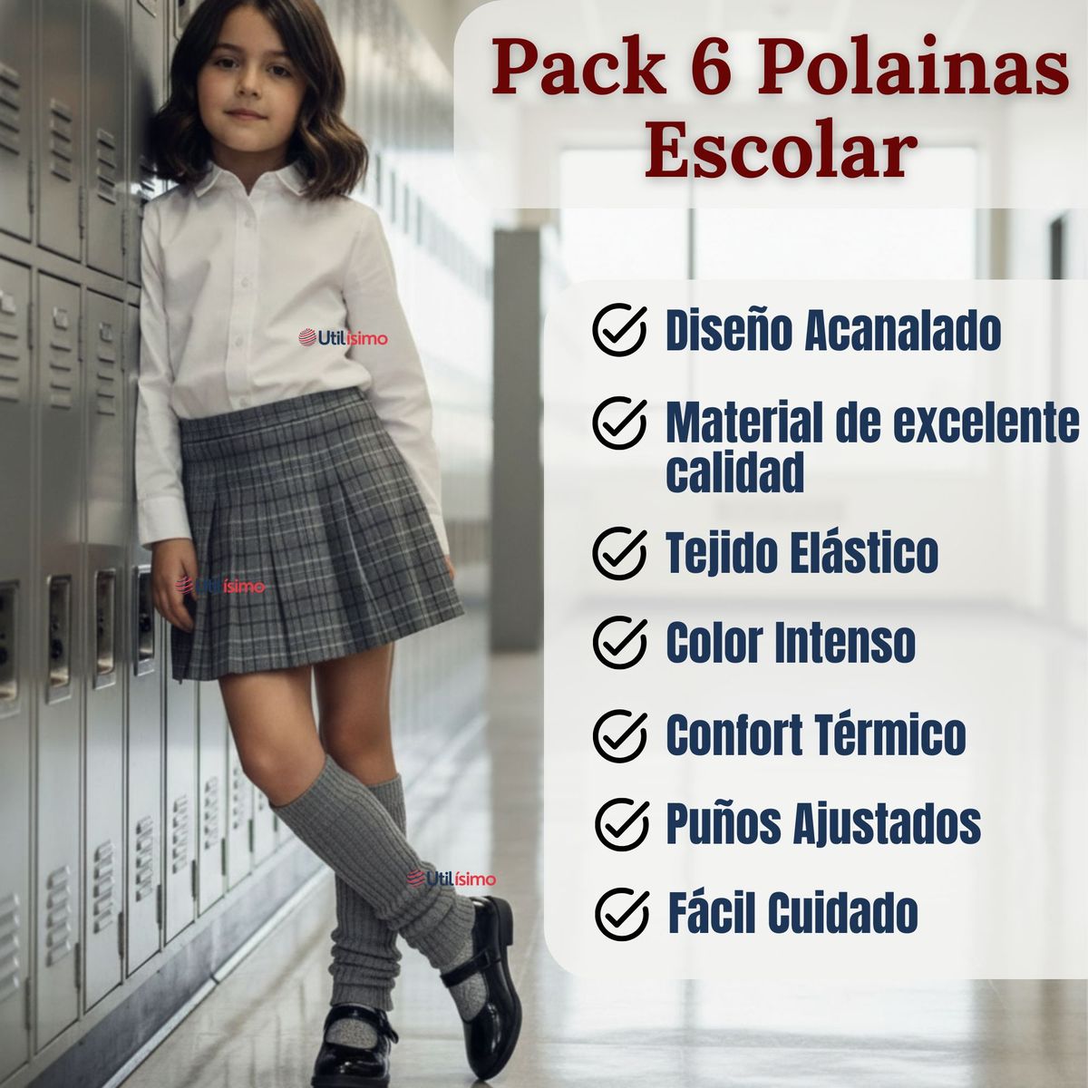 UTILISIMO - Pack 6 Polainas Escolares Invierno Abrigadoras Niña Gris Acrílico