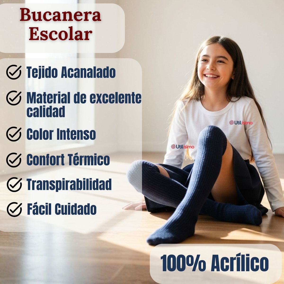 UTILISIMO - Bucaneras Escolares 1 Par Calcetines Acrílico Azul Premium Niña y Juvenil
