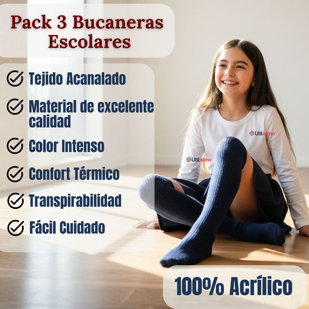UTILISIMO - Pack 3 Bucaneras Escolares Calcetines Acrílico Azul Premium Niña y Juvenil