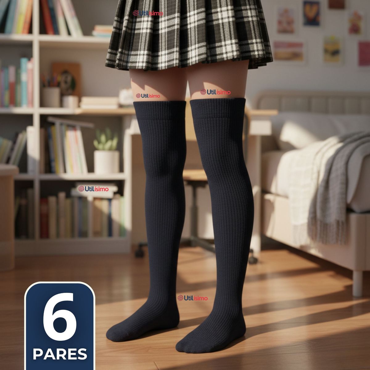 UTILISIMO - Pack 6 Bucaneras Escolares Calcetines Acrílico Azul Premium Niña y Juvenil