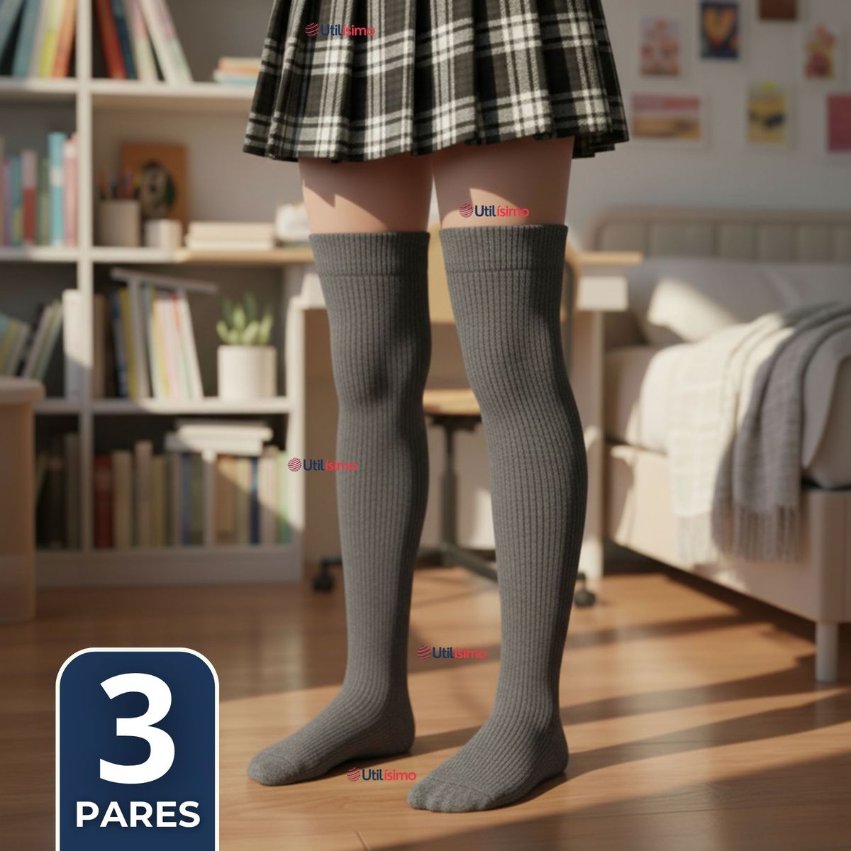 UTILISIMO - Pack 3 Bucaneras Escolares Calcetines Acrílico Gris Premium Niña y Juvenil