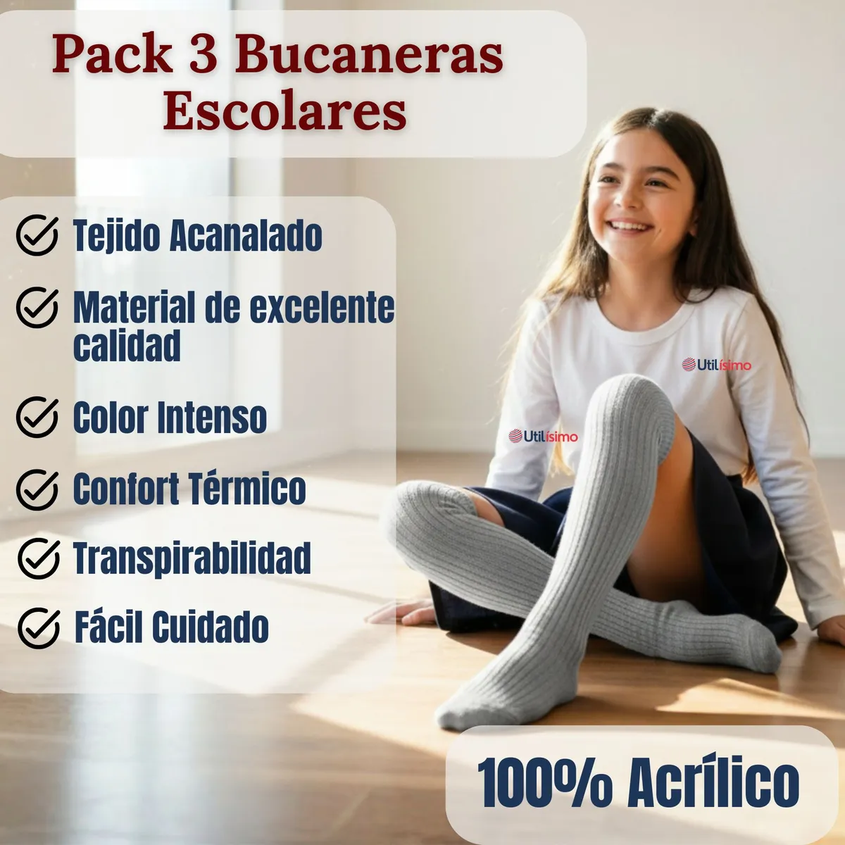 UTILISIMO - Pack 3 Bucaneras Escolares Calcetines Acrílico Gris Premium Niña y Juvenil