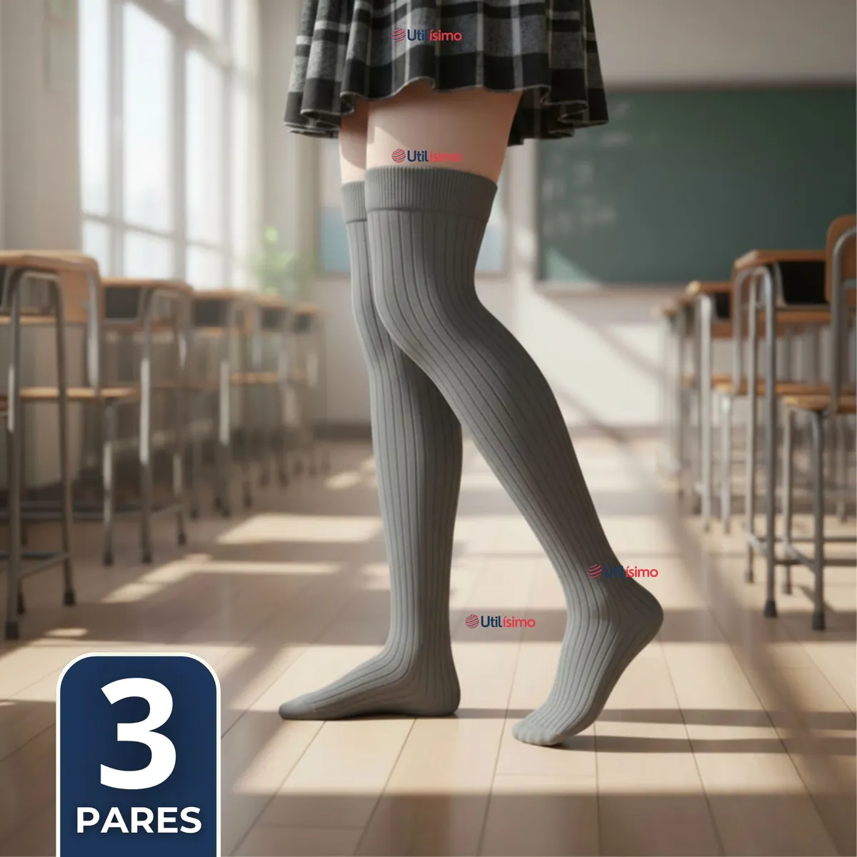 UTILISIMO - Pack 3 Bucaneras Escolares Calcetines Acrílico Gris Premium Niña y Juvenil