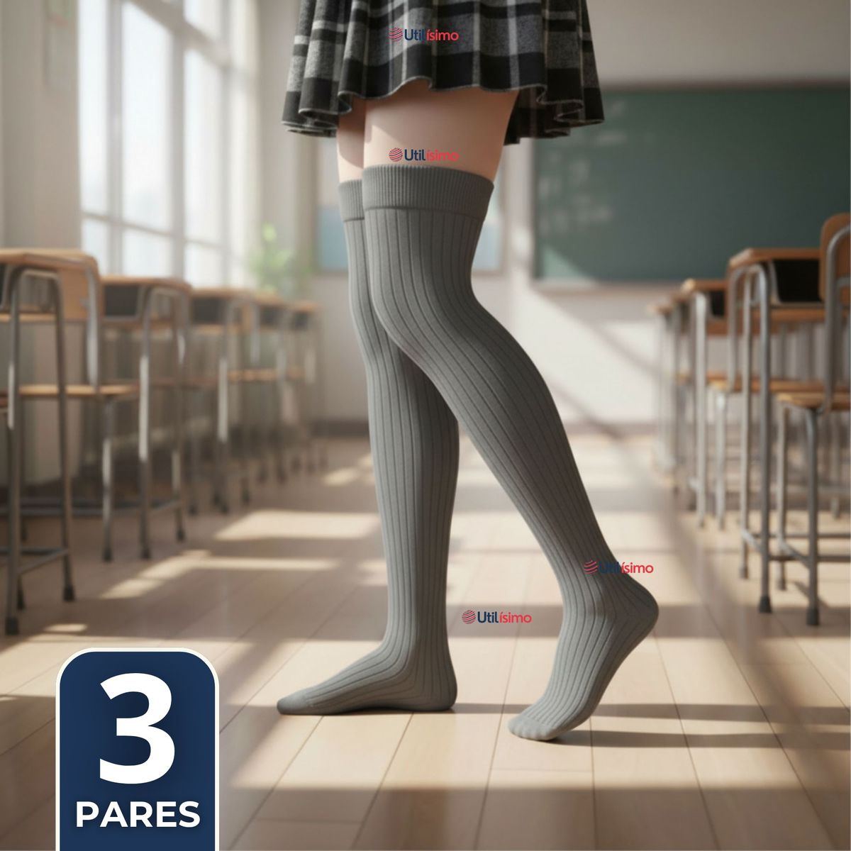 UTILISIMO - Pack 3 Bucaneras Escolares Calcetines Acrílico Gris Premium Niña y Juvenil