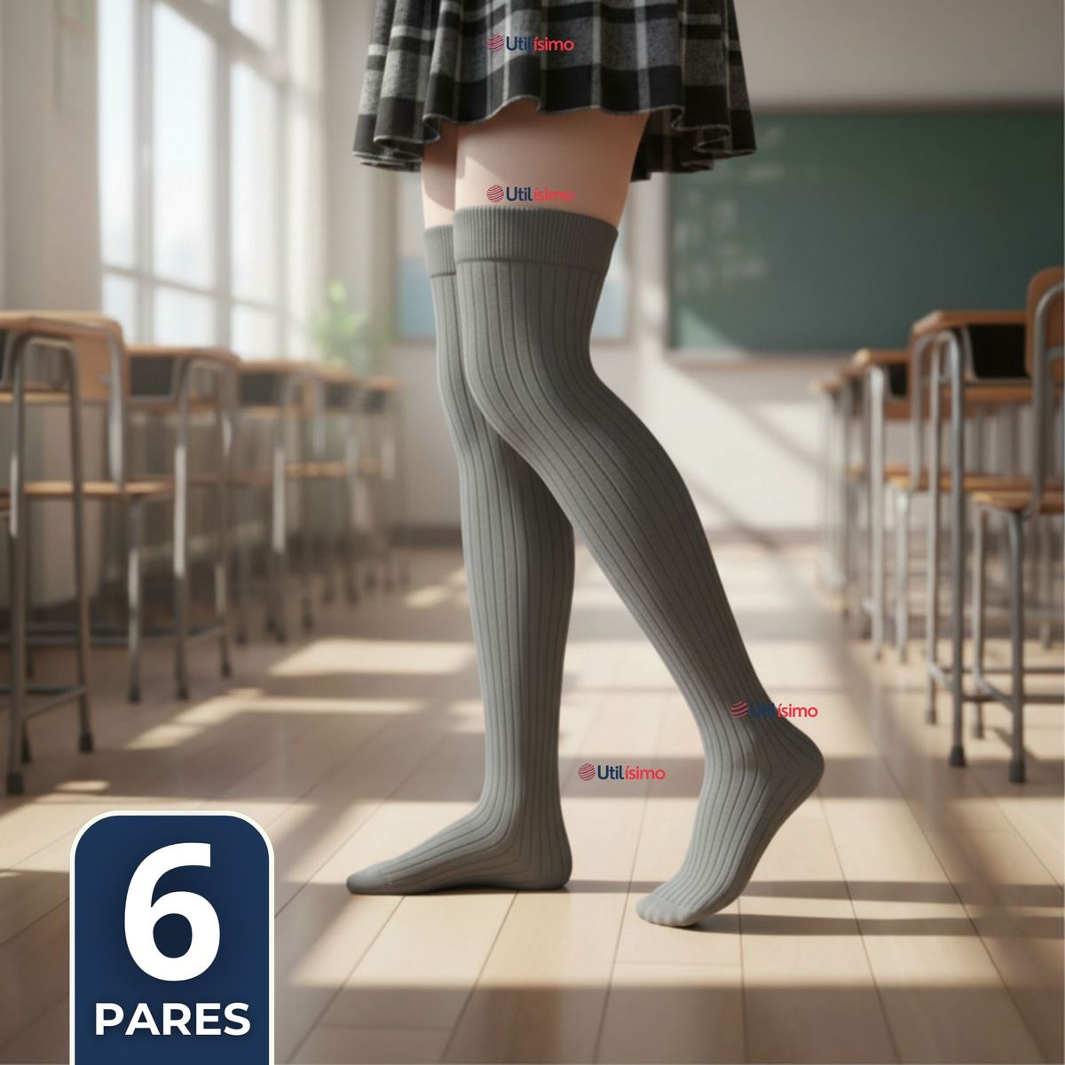 UTILISIMO - Pack 6 Bucaneras Escolares Calcetines Acrílico Gris Premium Niña y Juvenil