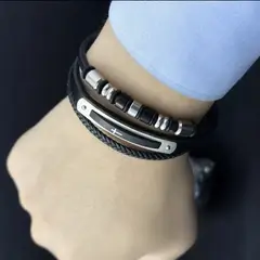 GENERICO - Set de Pulseras Masculinas de Cuero y Acero con Cruz