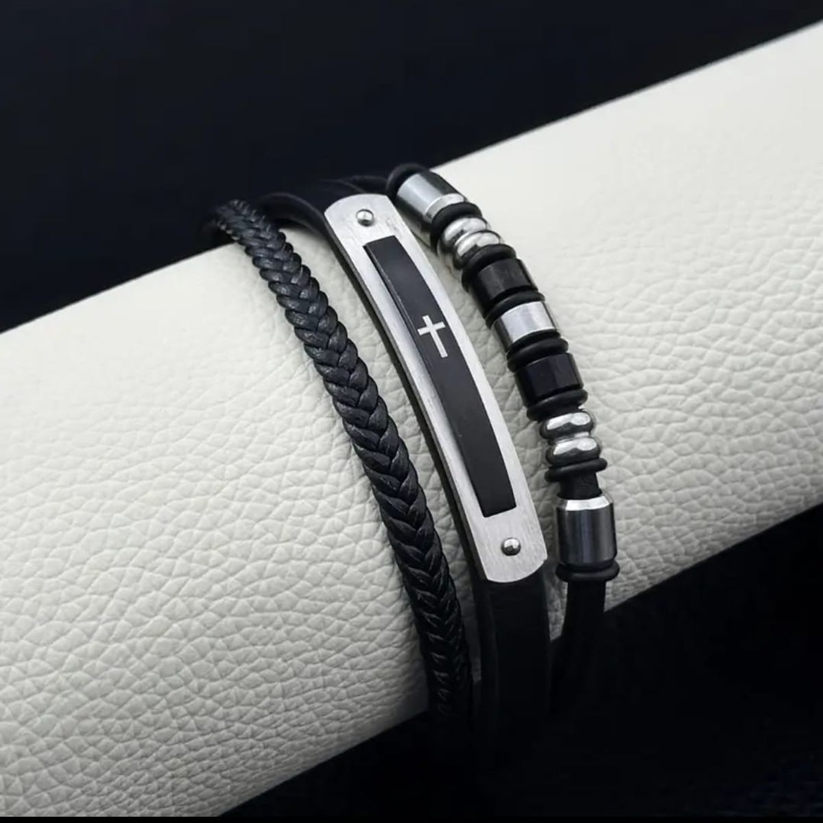 GENERICO - Set de Pulseras Masculinas de Cuero y Acero con Cruz