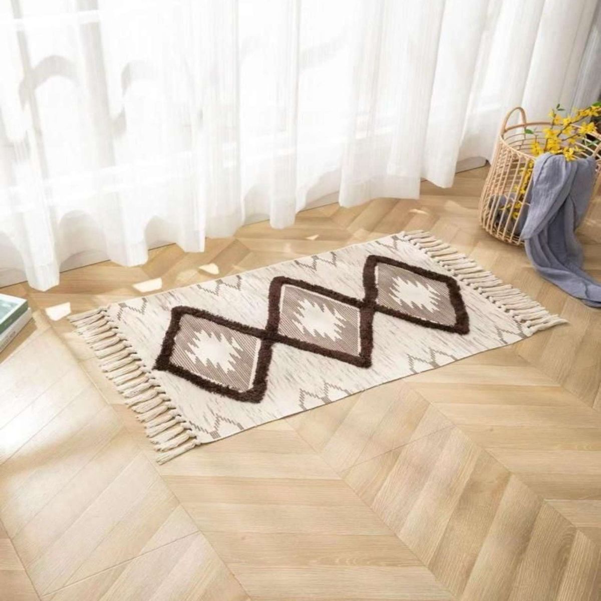 GENERICO - Alfombra de Lino Bajada de Cama estilo Boho medida 60 cm x 90 cm