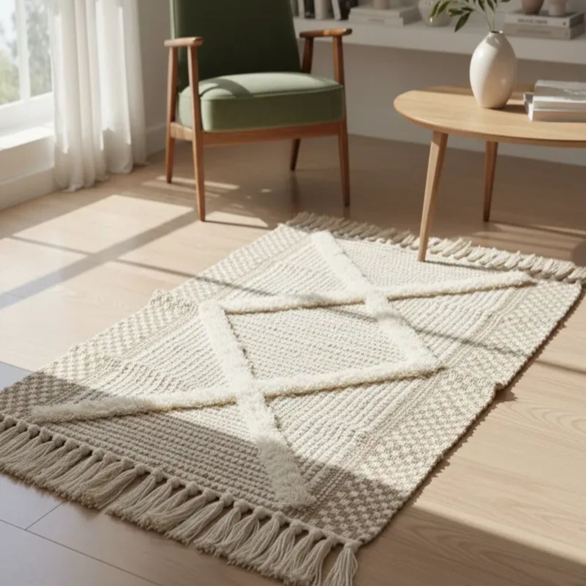 GENERICO - Pack de 2 Alfombra de Lino Bajada de Cama estilo Boho medida 60 cm x 90 cm