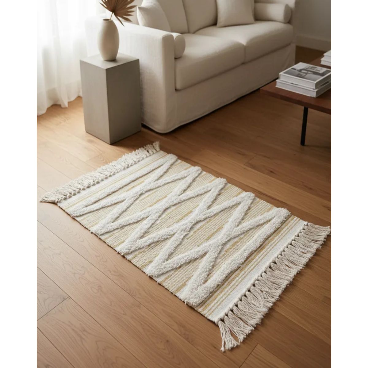 GENERICO - Pack de 2 Alfombra de Lino Bajada de Cama estilo Boho medida 60 cm x 90 cm