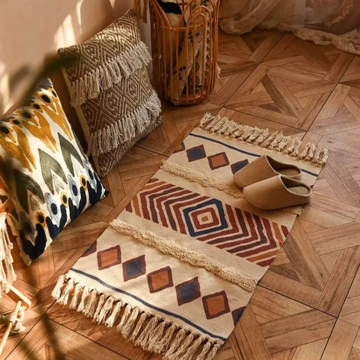 GENERICO - Pack de 2 Bajada de Cama de Lino estilo boho  medida 60 cm x 90 cm