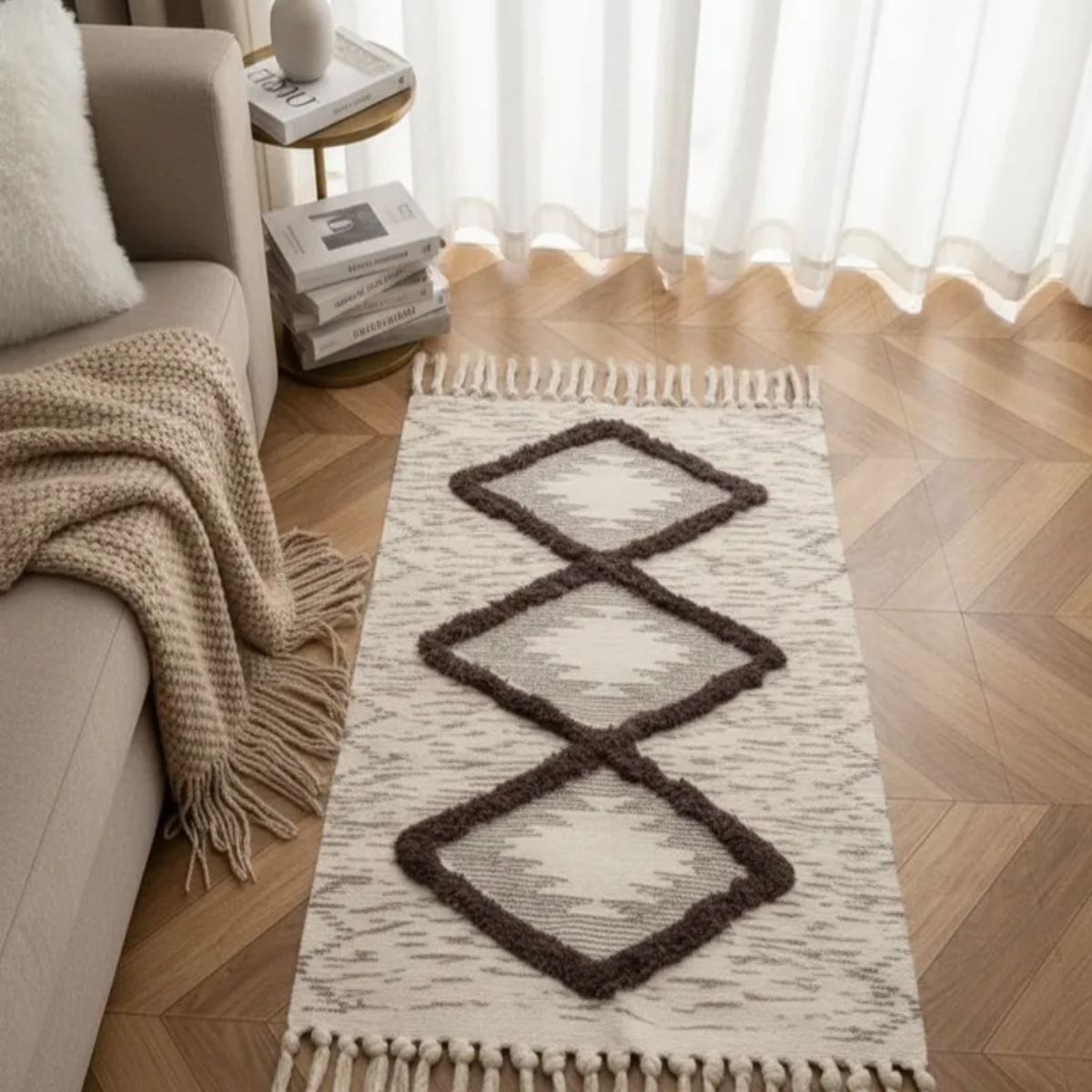 GENERICO - Pack de 2 Alfombra de Lino Bajada de Cama estilo Boho medida 60 cm x 90 cm