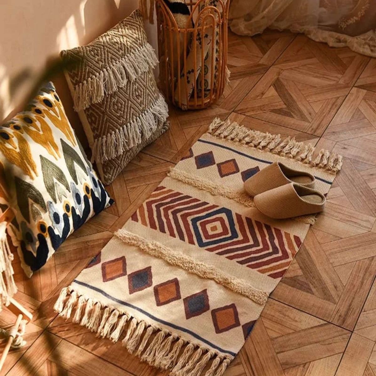 GENERICO - Pack de 2 Bajada de Cama de Lino estilo boho  medida 60 cm x 90 cm