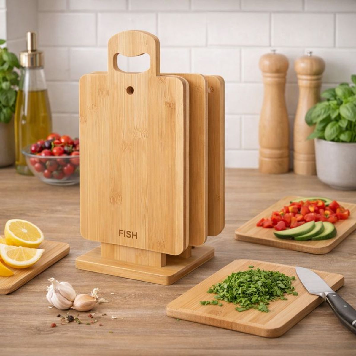 GENERICO - Set 4 Tablas De Madera Cocina Con Base Soporte Compacto