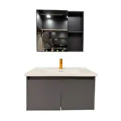 GENERICO - Vanitorio Flotante Completo 60 cm Botiquín y Espejo Led Gris Oscuro