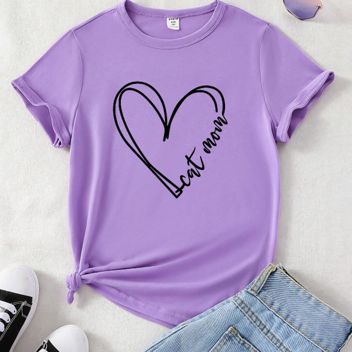 KIRAMA CLOTHING STORE - Camiseta Infantil “Cat Mom” con Diseño de Corazón  Morado