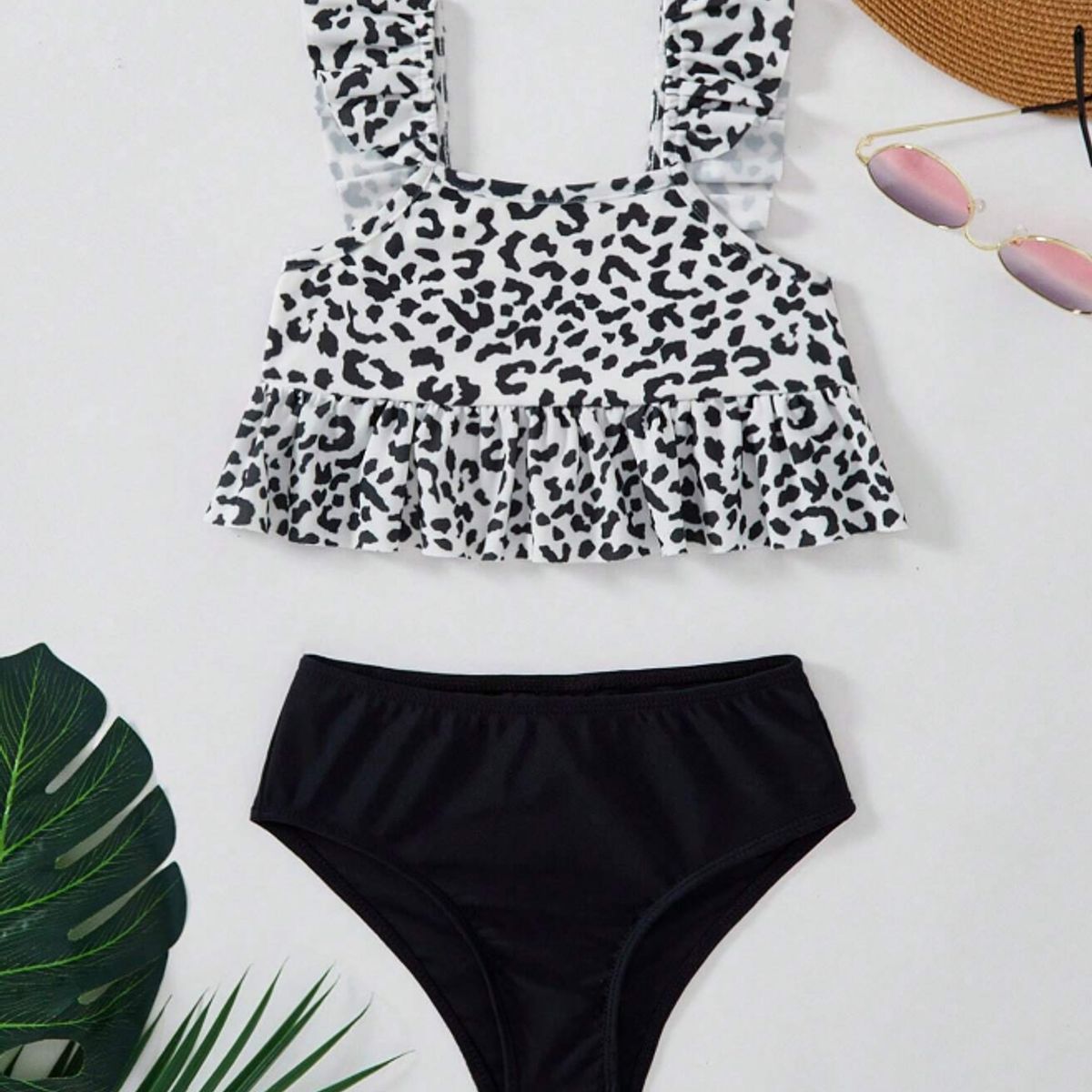 KIRAMA CLOTHING STORE - Bikini Infantil con Volantes y Estampado de Leopardo  Negro