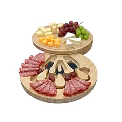 GENERICO - Tabla Redonda de Bambú para Quesos con 3 Herramientas de Acero Inoxidable