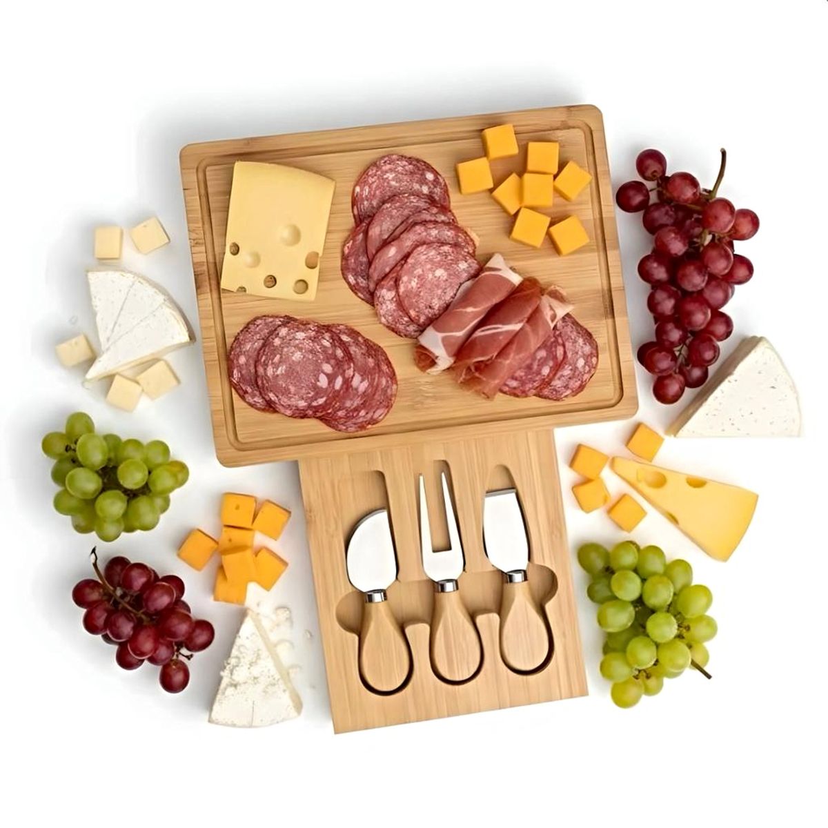 GENERICO - Tabla Rectangular de Bambú para Quesos con 3 Herramientas de Acero Inoxidable