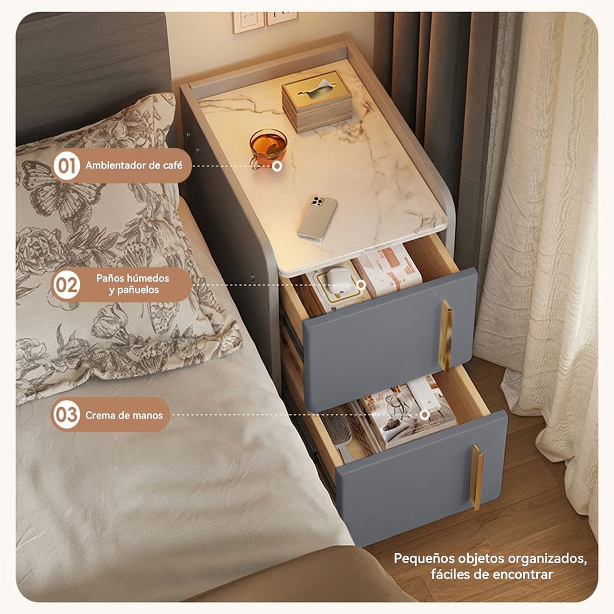 ROHE - Velador Moderno con 2 Puertas y 4 Patas Doradas 30*40*50cm