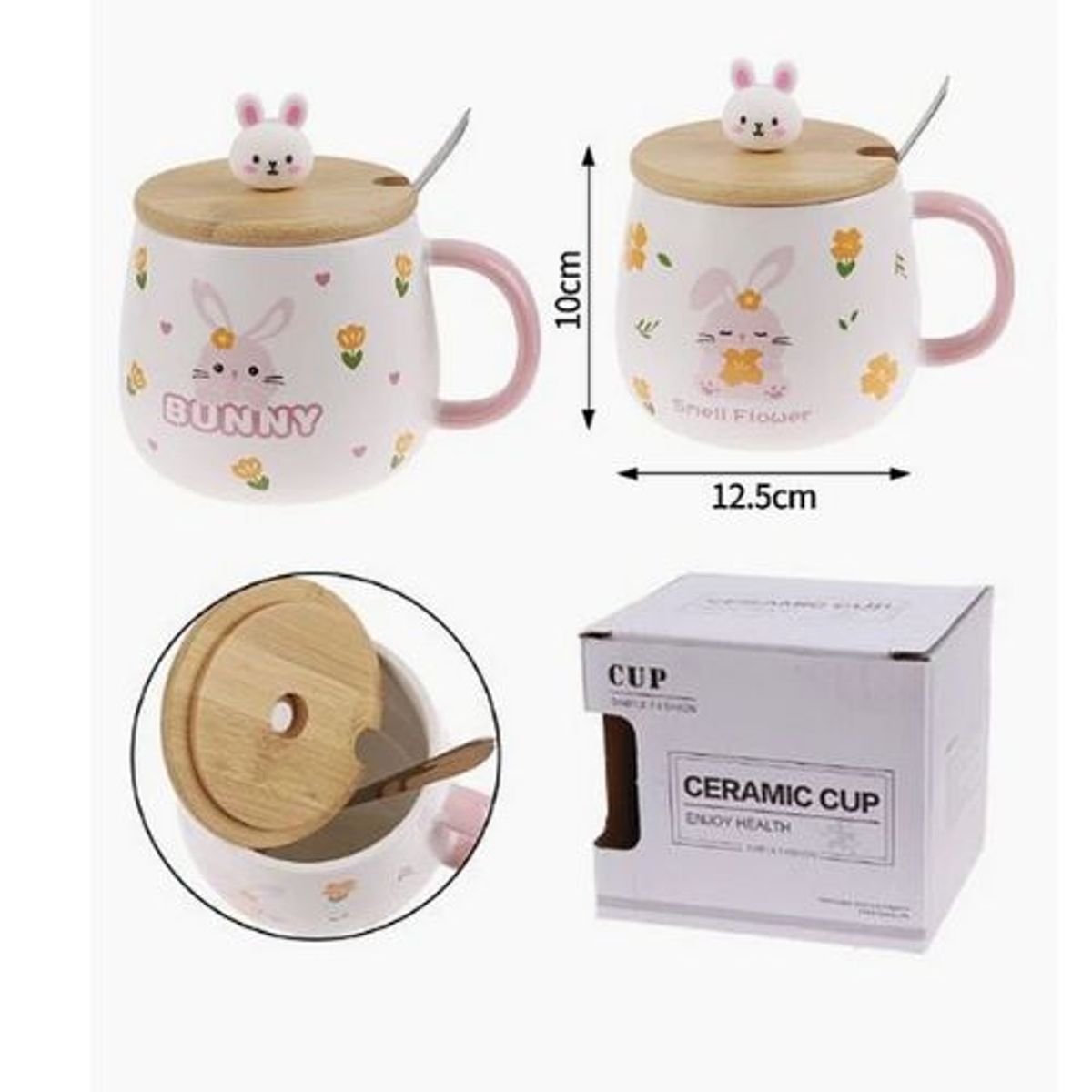 GENERICO - Taza de Cerámica Conejo con Tapa de Madera y Cuchara