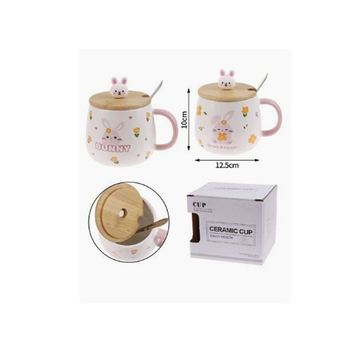 GENERICO - Taza de Cerámica Conejo con Tapa de Madera y Cuchara