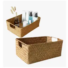 GENERICO - Cesta Organizadora Mimbre Almacenamiento Decoracion 37x26x12 Beige