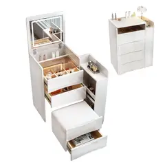 WUWAWDOGA - Tocador De Dormitorio Con Banco Y Espejo Moderno Luz Led 160x39x47cm Blanco