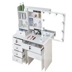 WUWAWDOGA - Tocador Madera Con Espejo Luz Melamina Blanco 80x36x131cm